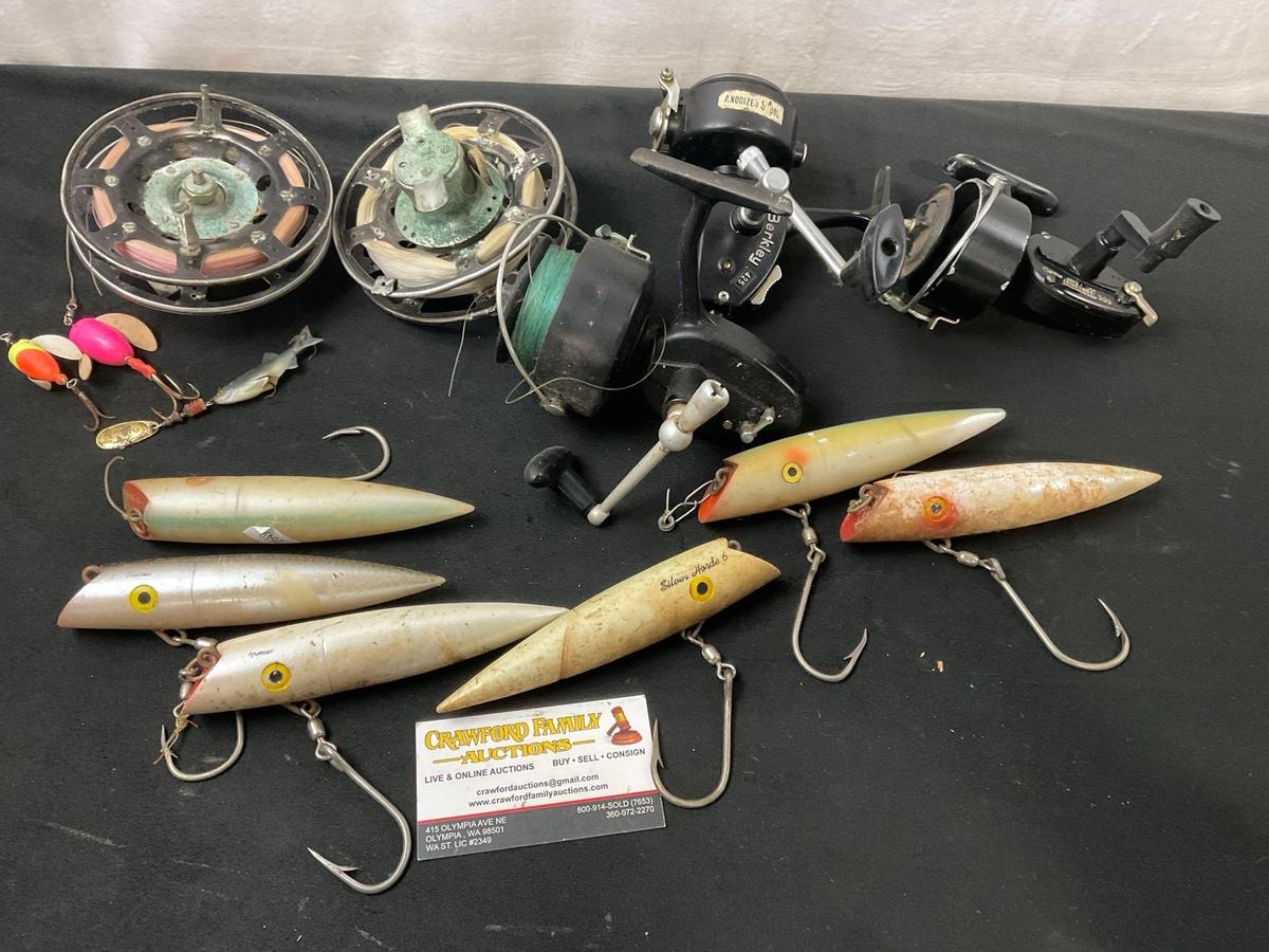 Three Fishing Spools, Berkley 425, Garcia Mitchell 300 & 305, Fishing Lures, Pair of Vintage Reels