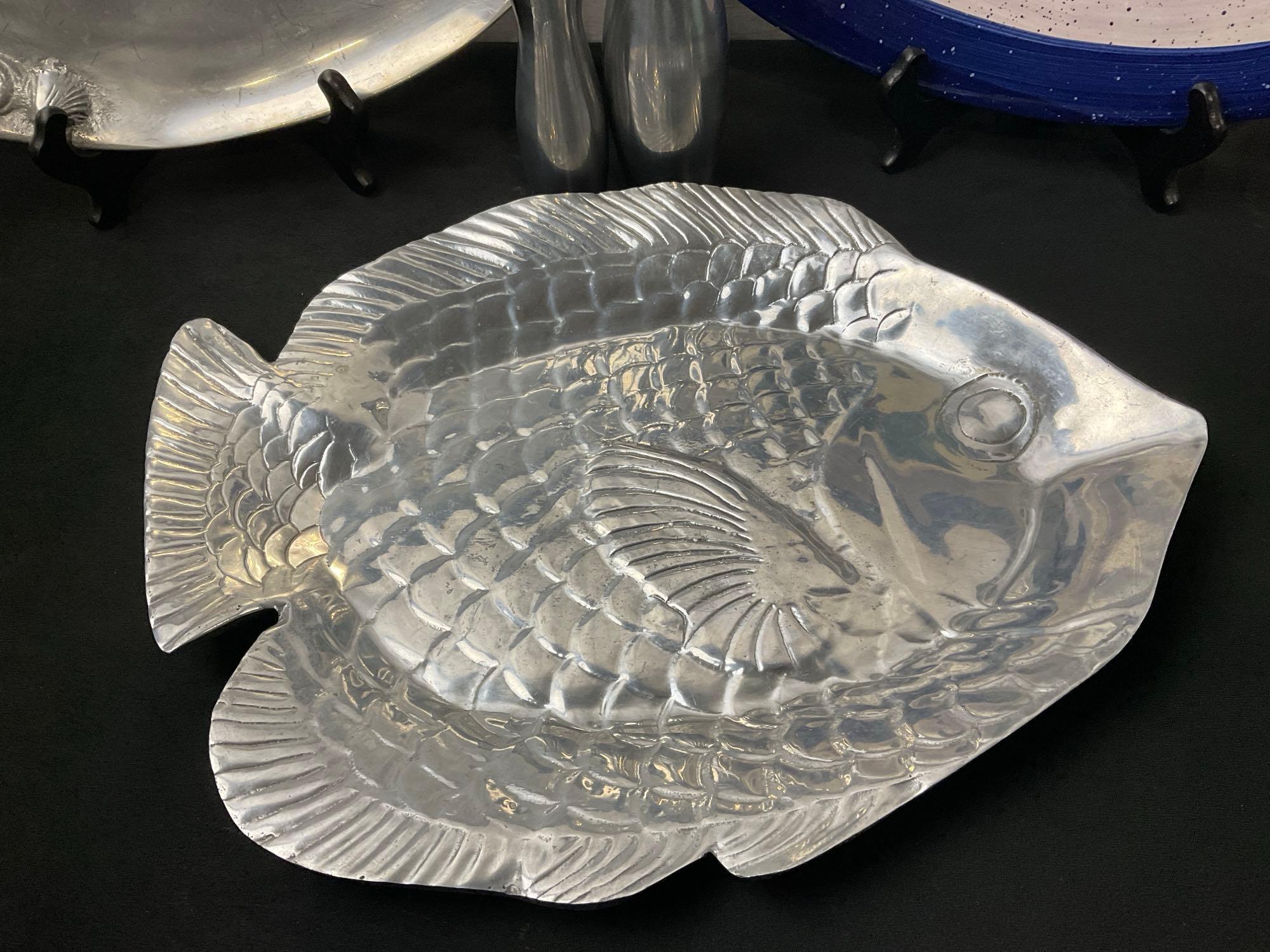 3 Large Fish Platters, 1x Indian made w/ shells, Shorelines by Julie Ueland, and silver metal Fish