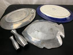 3 Large Fish Platters, 1x Indian made w/ shells, Shorelines by Julie Ueland, and silver metal Fish