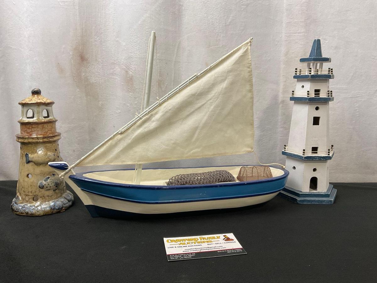 Wooden Fishing Boat Model, Glazed Lighthouse figure & Wooden Lighthouse piece