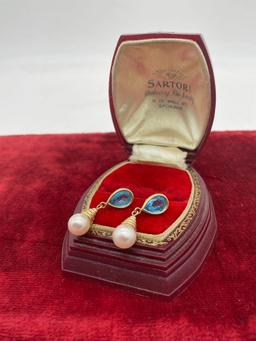 Pair of 14k gold, blue topaz and pearl drop earrings - 2.92 grams total no backings