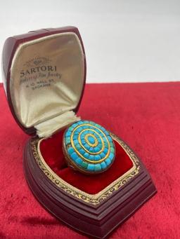 Stunning antique 10k gold turquoise studded ring, size 6.5 & a whopping 16.23 grams - missing stone