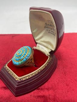 Stunning antique 10k gold turquoise studded ring, size 6.5 & a whopping 16.23 grams - missing stone