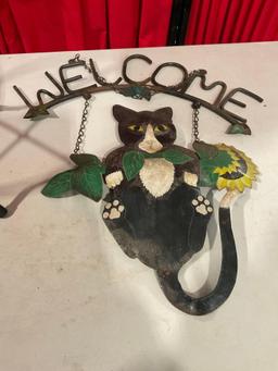 Metal + Colored Glass Plant Stand & Metal Cat Hanging Welcome Sign - See pics