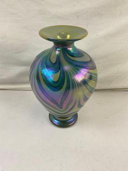 Vintage Iridescent Green & Blue Handblown Glass Vase w/ Swirl Pattern. Unsigned. See pics.