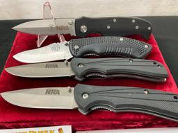 4x Folder Knives, 2x NRA & 2x Friends of NRA, w/ Rubber Handles, 3.5 inch blades