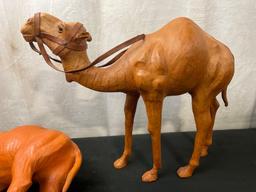 Pair of Wrapped Leather Camel Figures w/ Bits and Bridles, 13 inches tall