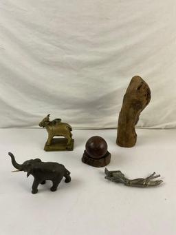 5 pcs Vintage Decorative Statuette Assortment. Japanese Metal Elephant. Wooden Baseball. See pics.