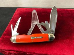 Trio of Knives, Marbles Multitool, Pair of NRA branded folding knives, fishing three blade