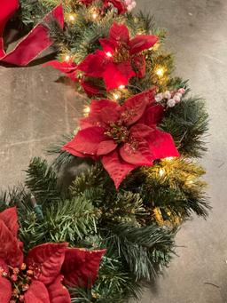 Stunning Large Lighted Christmas Wreathe w/ Faux Poinsettias & Large Bow