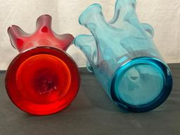 Duo of Frilled Vases, Red and Blue, Handblown Art Glass