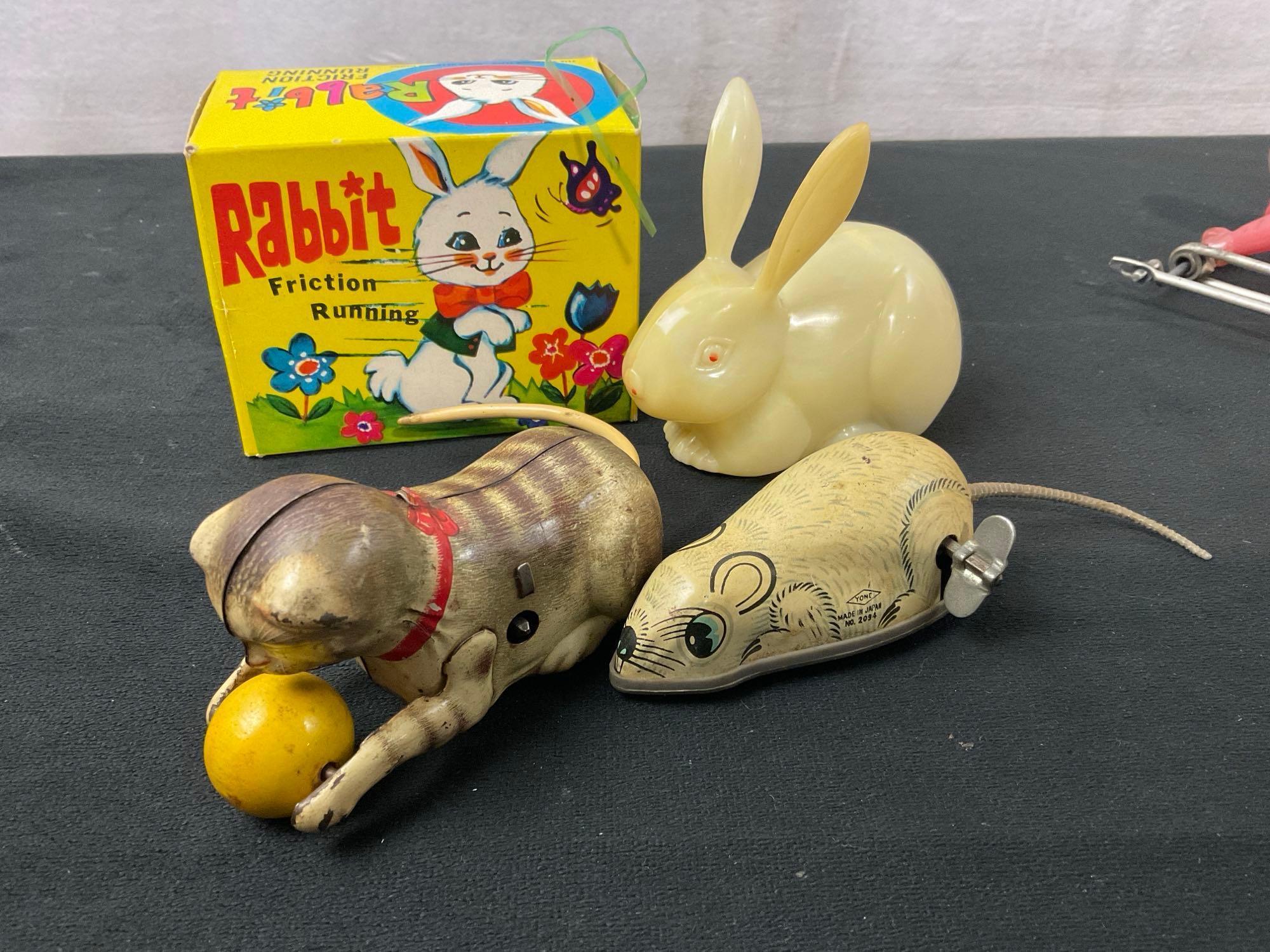 Vintage & Antique Wind Up Toys, Rabbit Toy w/ Box, Arty the Trapeze Artist, Marx Mother Goose + ...