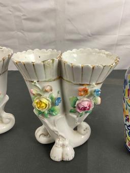 Pair of double cornucopia vases w/ stunning floral design & Ceramic floral pitcher Made in Portugal