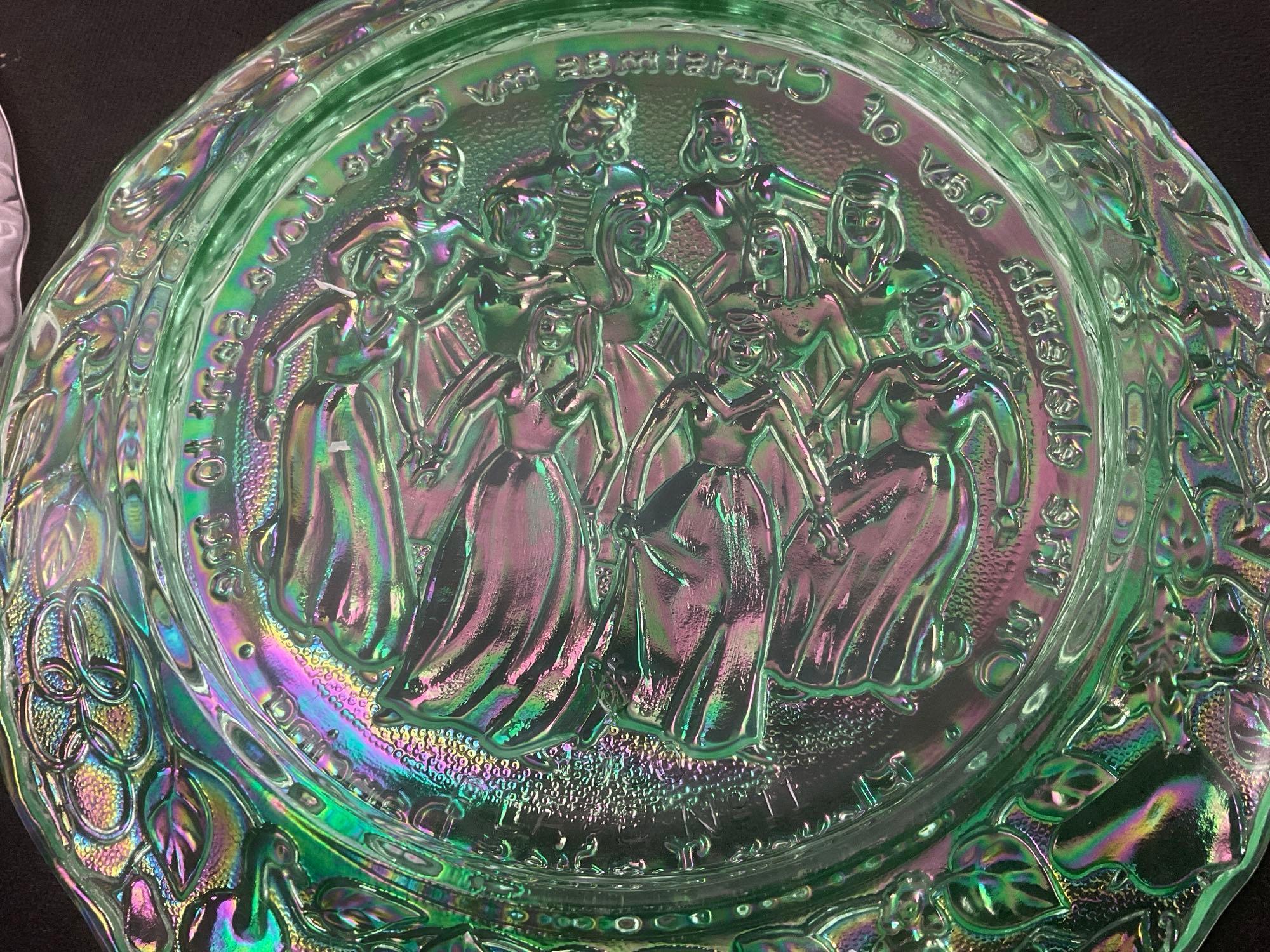 4 Imperial Carnival Glass Plates, 3 Days of Christmas Partridge in a Pear Tree, 2x Eleven, Twelve