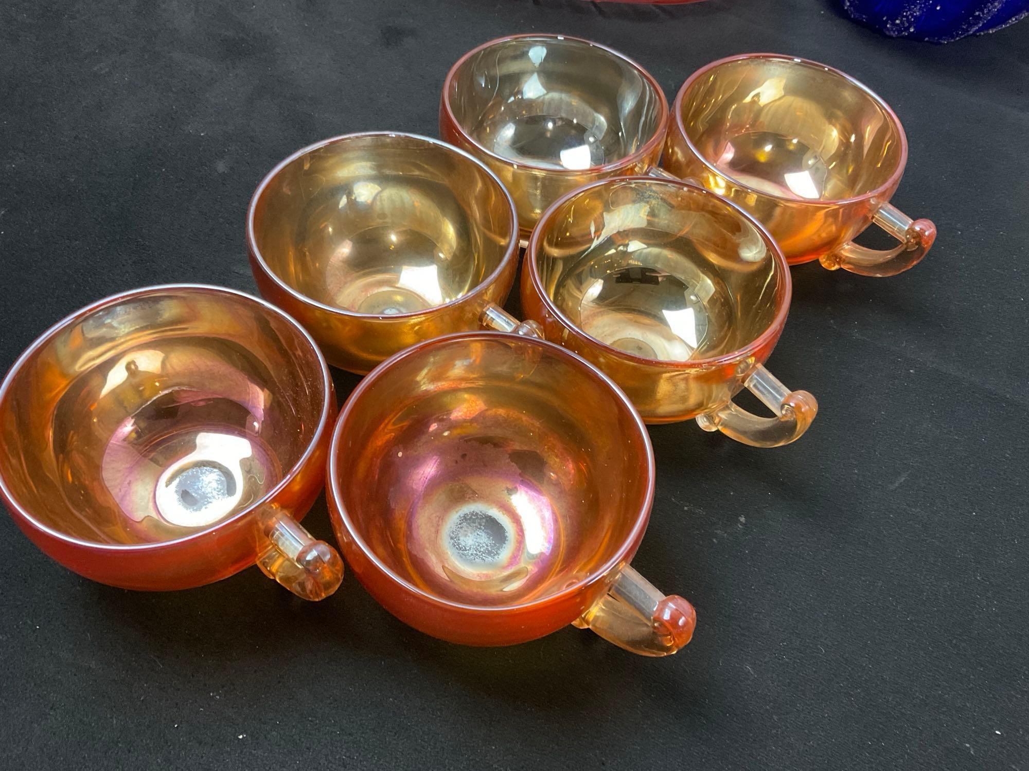 Carnival Glass 6x cups, Large Urn Vase, Depression Glass serving plate& Platter, Cobalt Blue Pump...
