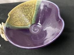 Trio of Lenox pieces, Art Glass Bowl & Glazed Purple & Beige Pottery Bowl