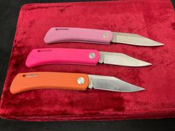 Trio of Modern Kershaw Knives, 2 colors of D.W.O. Classic 3000Pink, and D.W.O. Classic 3000Orange