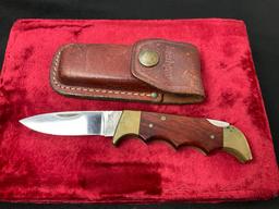 Vintage Kershaw Folding Knife w/ Leather case, #1040 made in Japan, Wood & Brass Handle w/ Grooves