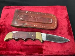 Vintage Kershaw Folding Knife w/ Leather case, #1040 made in Japan, Wood & Brass Handle w/ Grooves