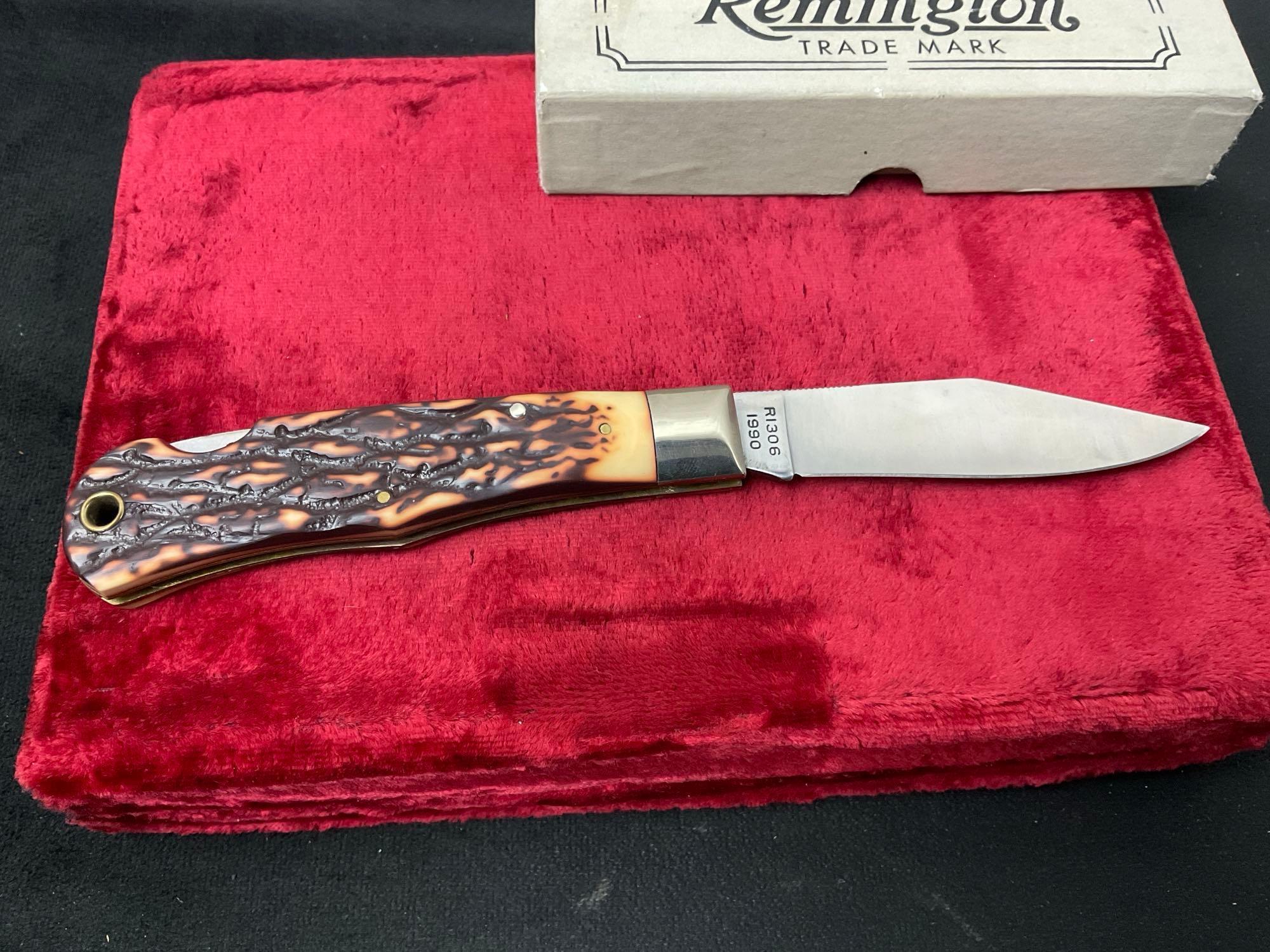Pair of Remington Folding Knives, R-12 Double Blade, R1306 1990 Tracker Bullet Knife