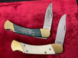 Pair of Coyote Folding Hunter Knives, Etched blade and inlaid company name, Brass and resin handles