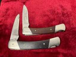 Pair of Vintage Buck Folding Knives, 501 & Buck Custom, marked D&F and a phone #, Laminate handle