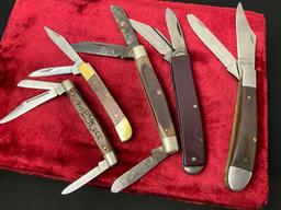 5 Assorted Folding Pocket Knives, Worn Schrade Old Timer, Fury, a few more unmarked pieces