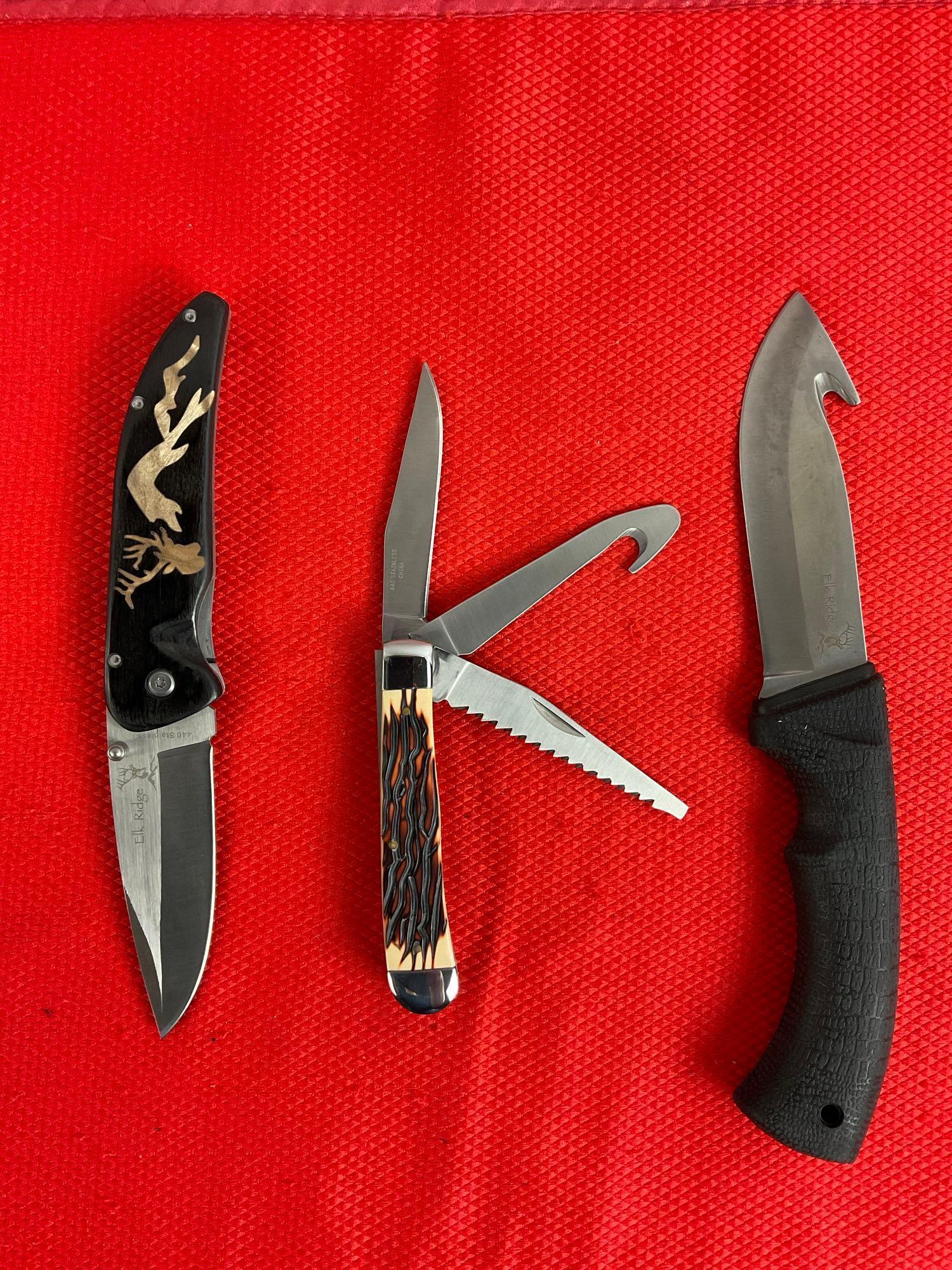 3 pcs Elk Ridge 440 Steel Knife Assortment Models 80D, 99 & 891. NIB. See pics
