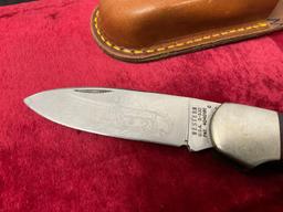 Vintage Western Folding Knife, S-532, w/ Deer Buck etched on blade, w/ Leather Sheath