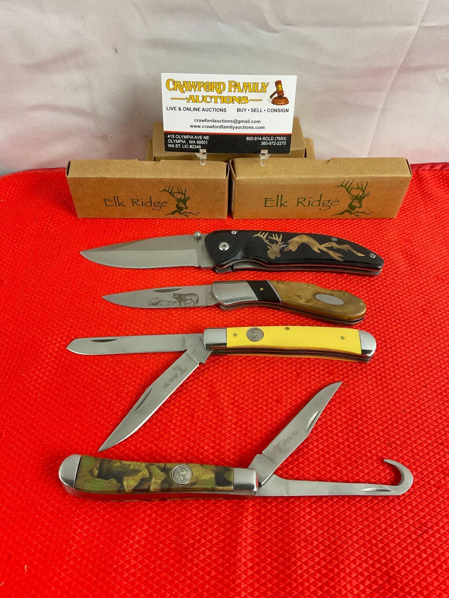 4 pcs Elk Ridge 440 Steel Folding Blade Pocket Knives, Models 72W, 80D, 220Y & 436C. NIB. See pics.