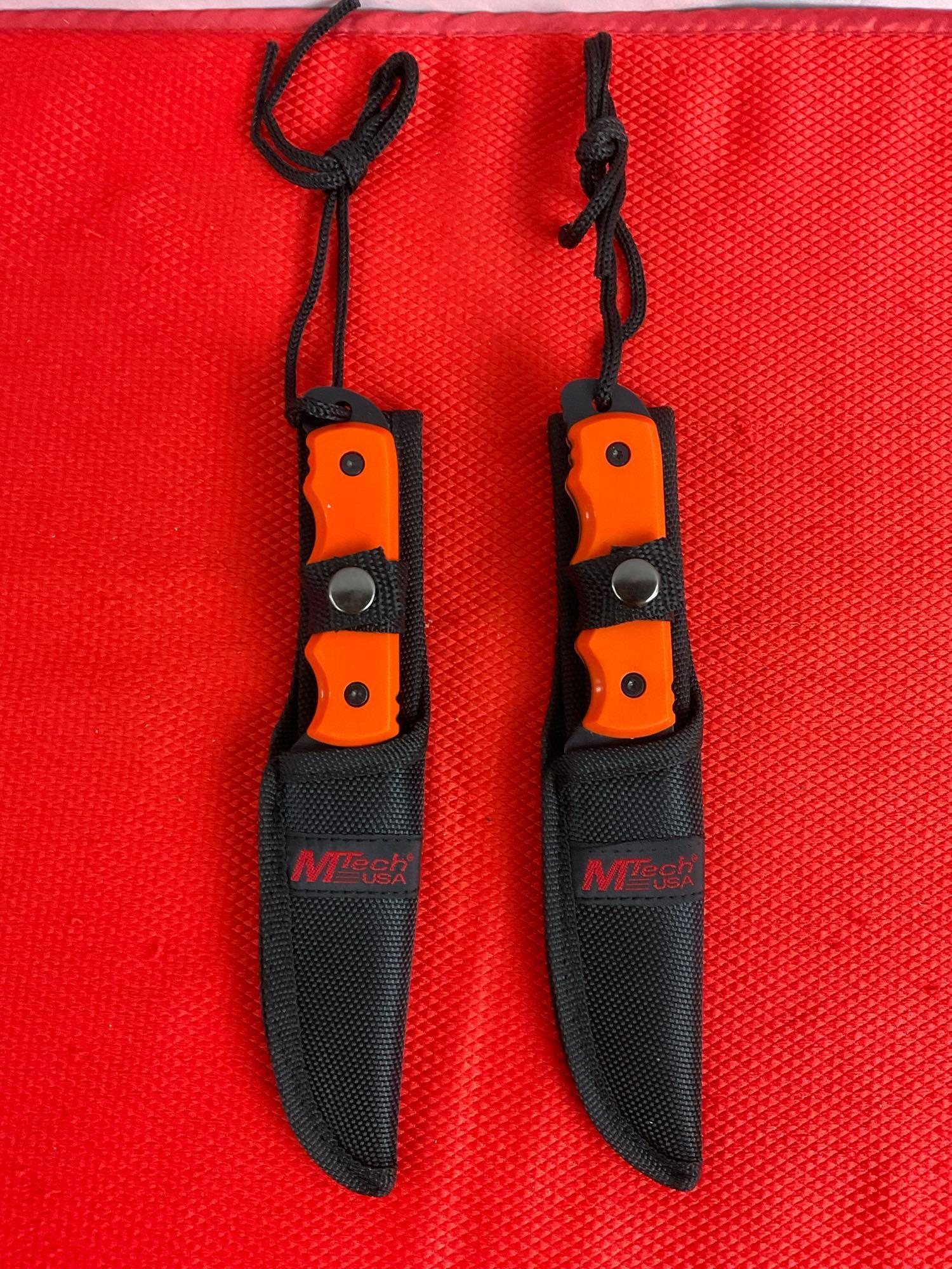Pair of MTech USA 4" Steel Fixed Blade Hunting Knives Model MT-20-35 w/ Nylon Sheathes. NIB. See