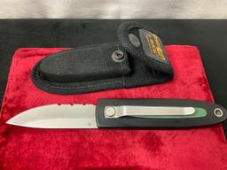 Vintage Buck 180 Crosslock Single blade Serrated Folding Knife, 3.25 inch blade, w/ case