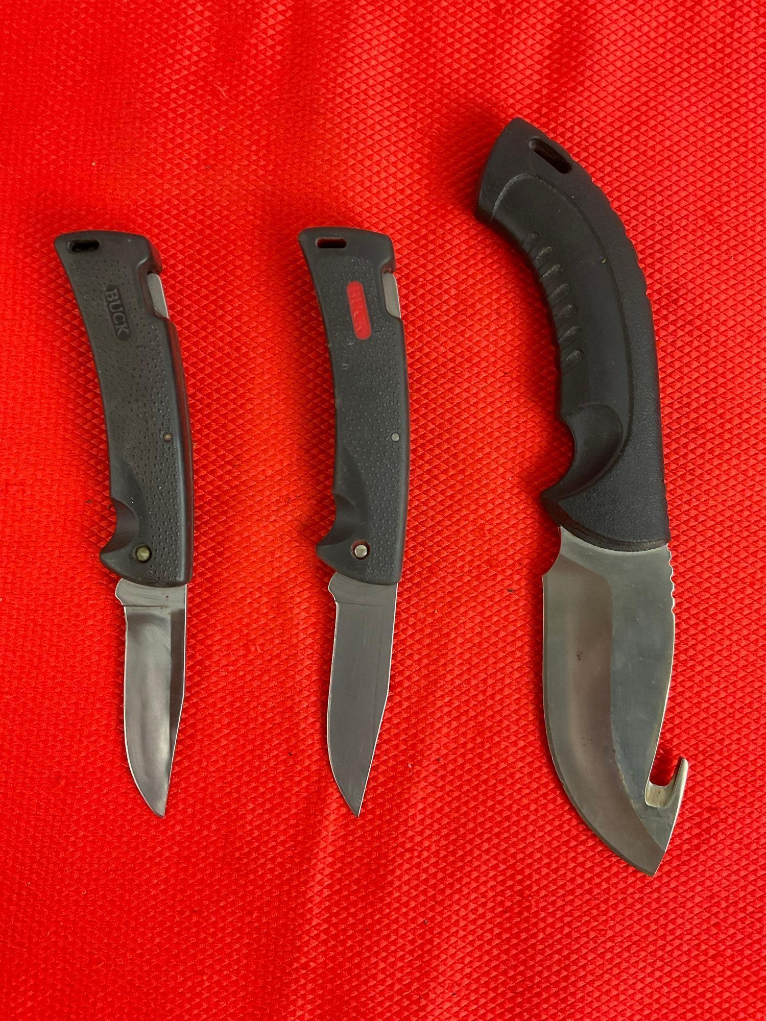 3 pcs Buck Steel Knife Assortment. 2x 450 Folding Pocket Knives, 1x 393 Skinner w/ Sheath. See pi...