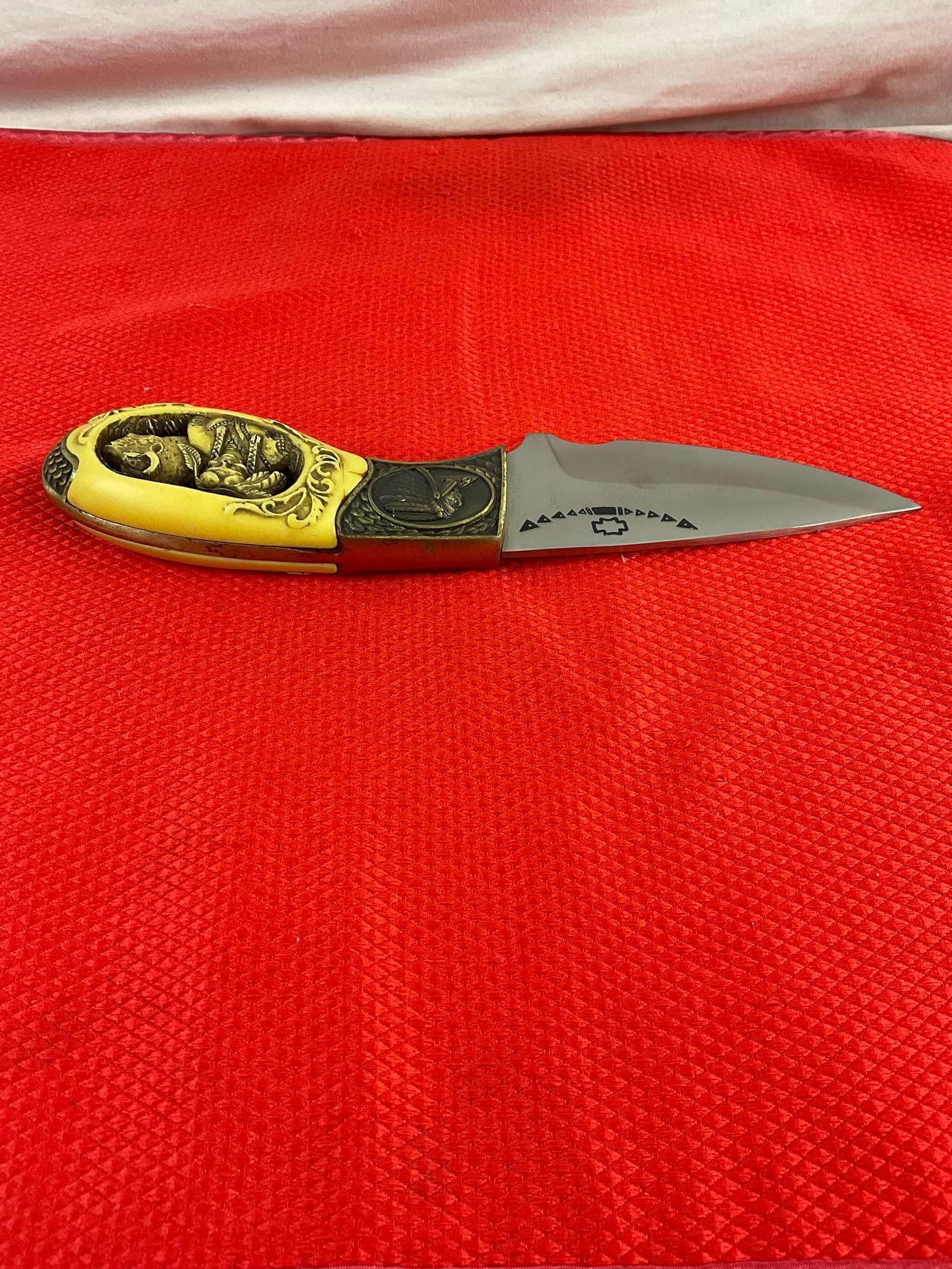 Tomahawk XL0848 Stainless Steel Fixed Blade Knife w/ Warrior Brave Carved Resin Handle. See pics.