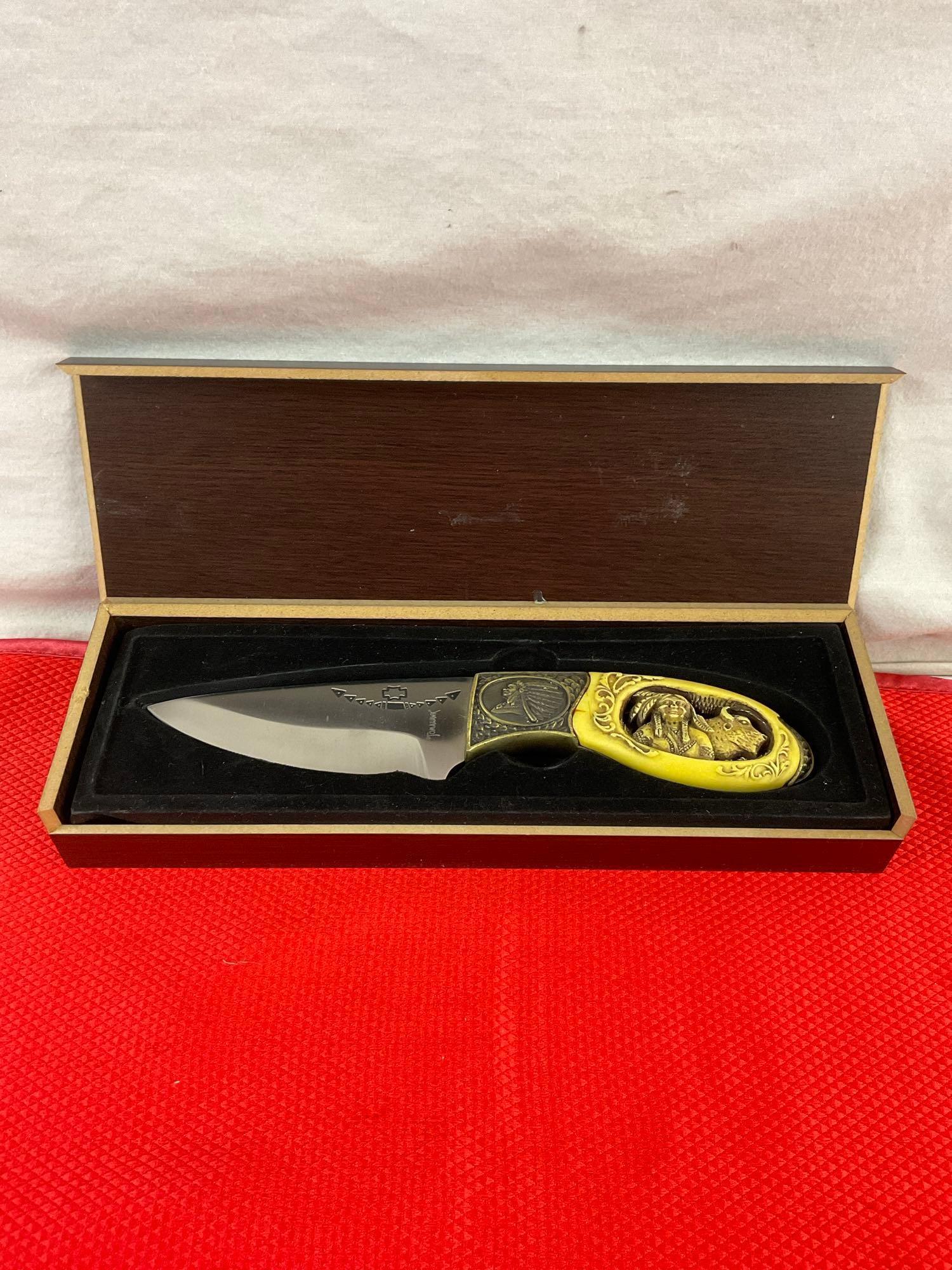 Tomahawk XL0848 Stainless Steel Fixed Blade Knife w/ Warrior Brave Carved Resin Handle. See pics.
