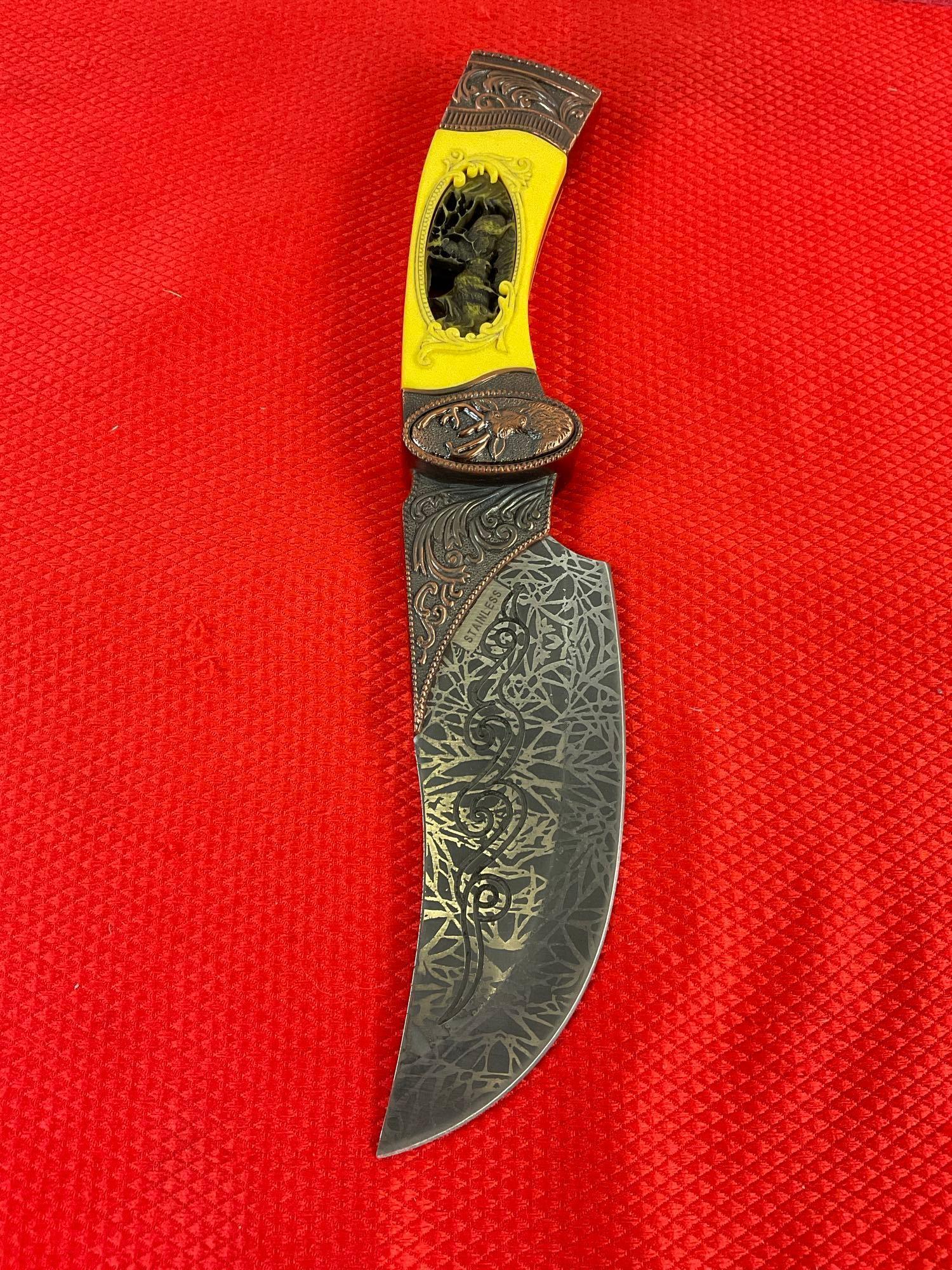 Stainless Steel 5" Fixed Blade Knife w/ Elf Herd Carved Resin Handle & Etched Blade. See pics.