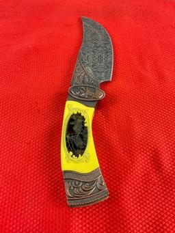 Stainless Steel 5" Fixed Blade Knife w/ Elf Herd Carved Resin Handle & Etched Blade. See pics.