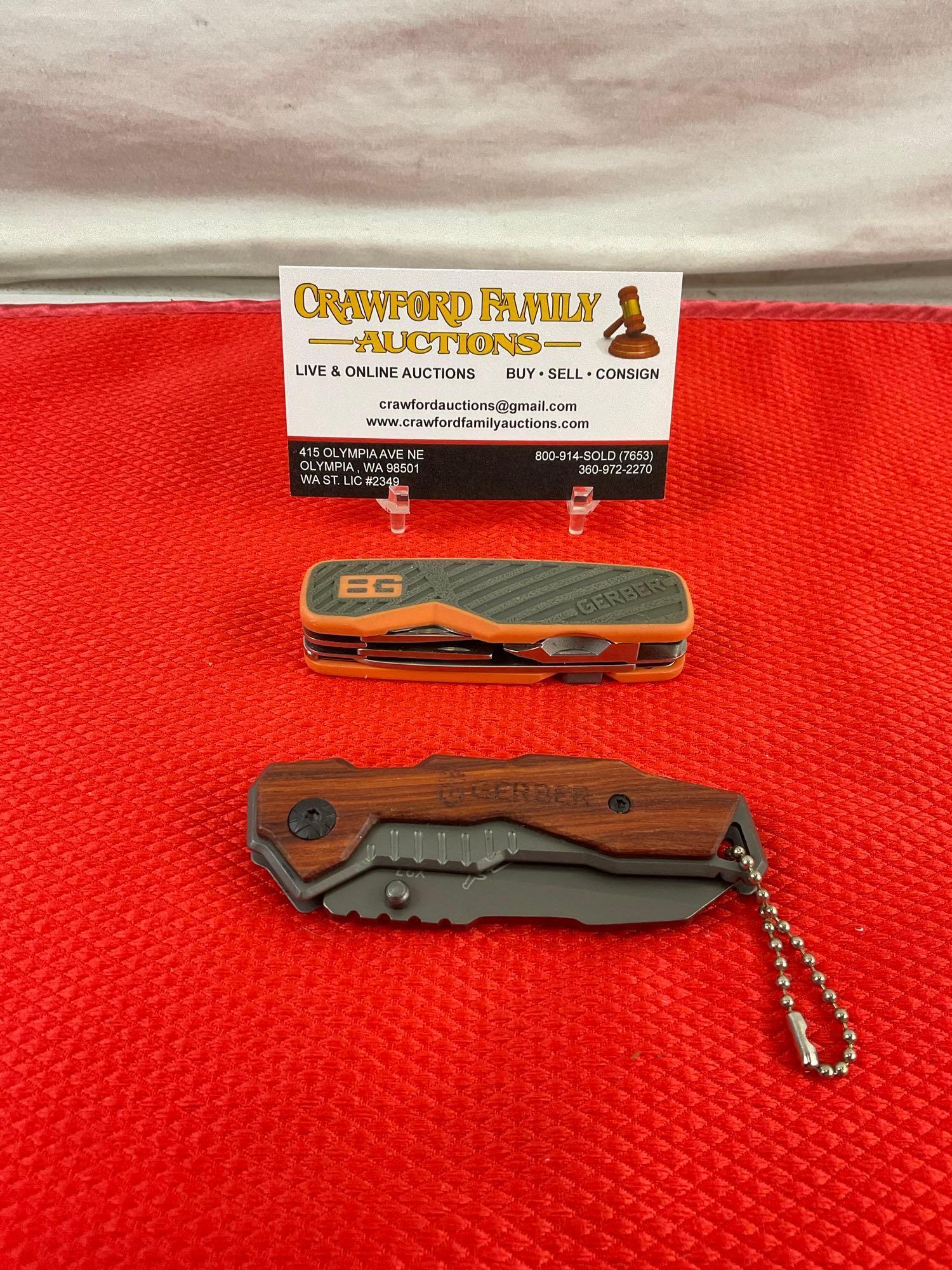 2 pcs Gerber Folding Pocket Knives. 1 pc Mini-Remix 2" Blade & 1 Pocket Knife w/ 4 Tools. NIB. See