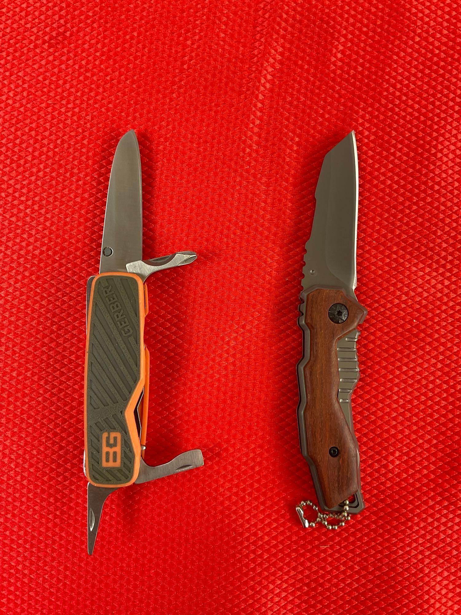 2 pcs Gerber Folding Pocket Knives. 1 pc Mini-Remix 2" Blade & 1 Pocket Knife w/ 4 Tools. NIB. See