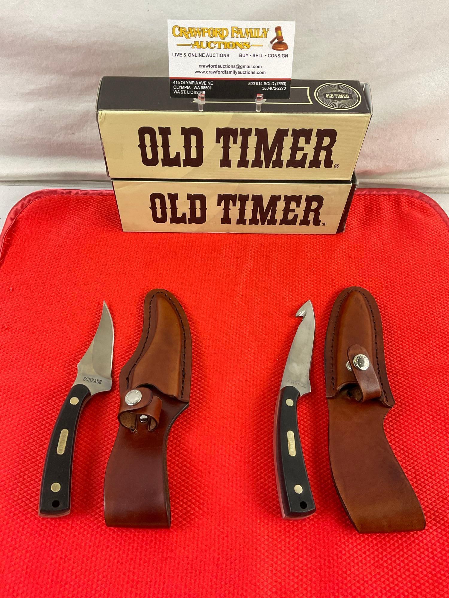 2 pcs Schrade Old Timer Stainless Steel Knives w/ Leather Sheaths. Models 1520T & 1580T. NIB. See