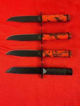 4 pcs 4.5" Fixed Blade Steel Hunting Knives w/ Canvas Sheaths. 3x TigerUSA, 1 Unmarked. See pics.