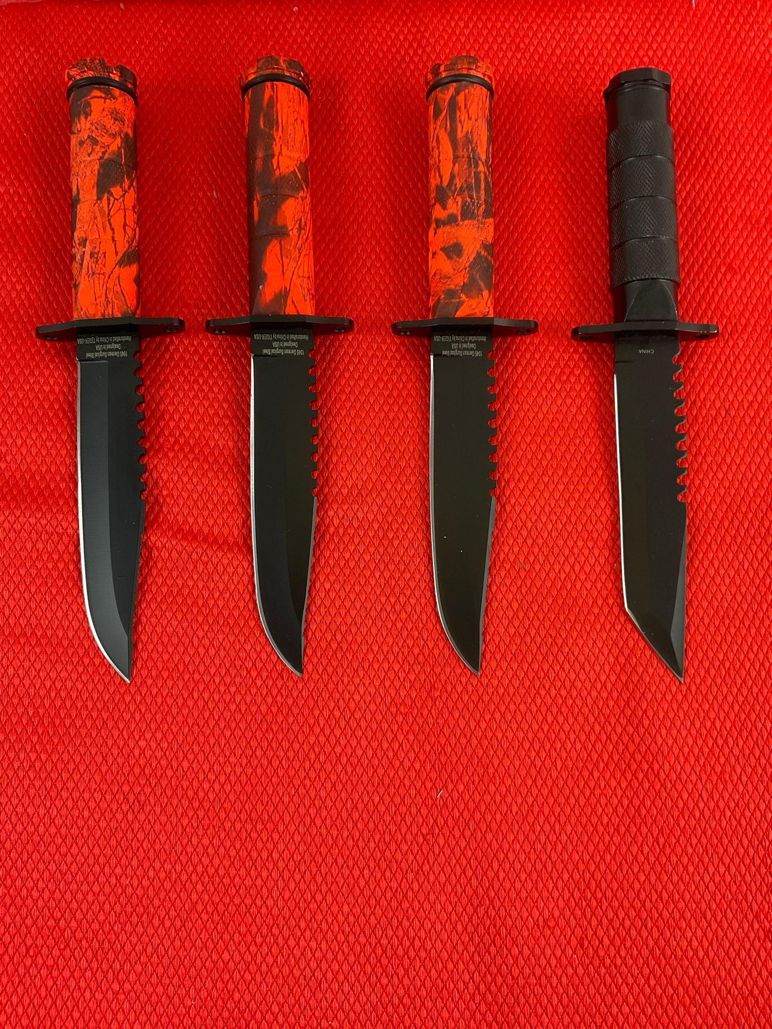 4 pcs 4.5" Fixed Blade Steel Hunting Knives w/ Canvas Sheaths. 3x TigerUSA, 1 Unmarked. See pics.