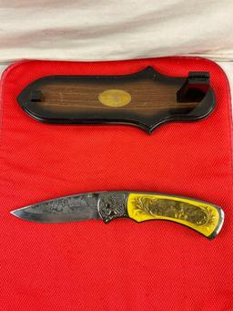 3 pcs Weapon Collection Assortment. 6" Folding Steel Knife w/ Carved Resin Handle & Wood Mount. See