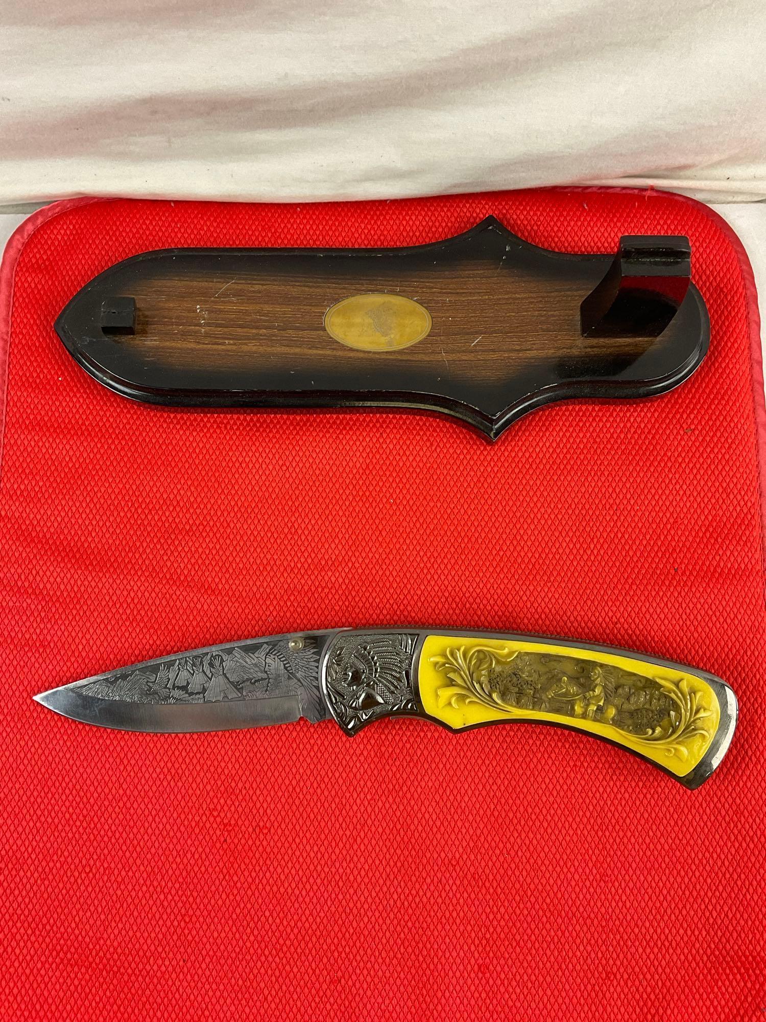 3 pcs Weapon Collection Assortment. 6" Folding Steel Knife w/ Carved Resin Handle & Wood Mount. See