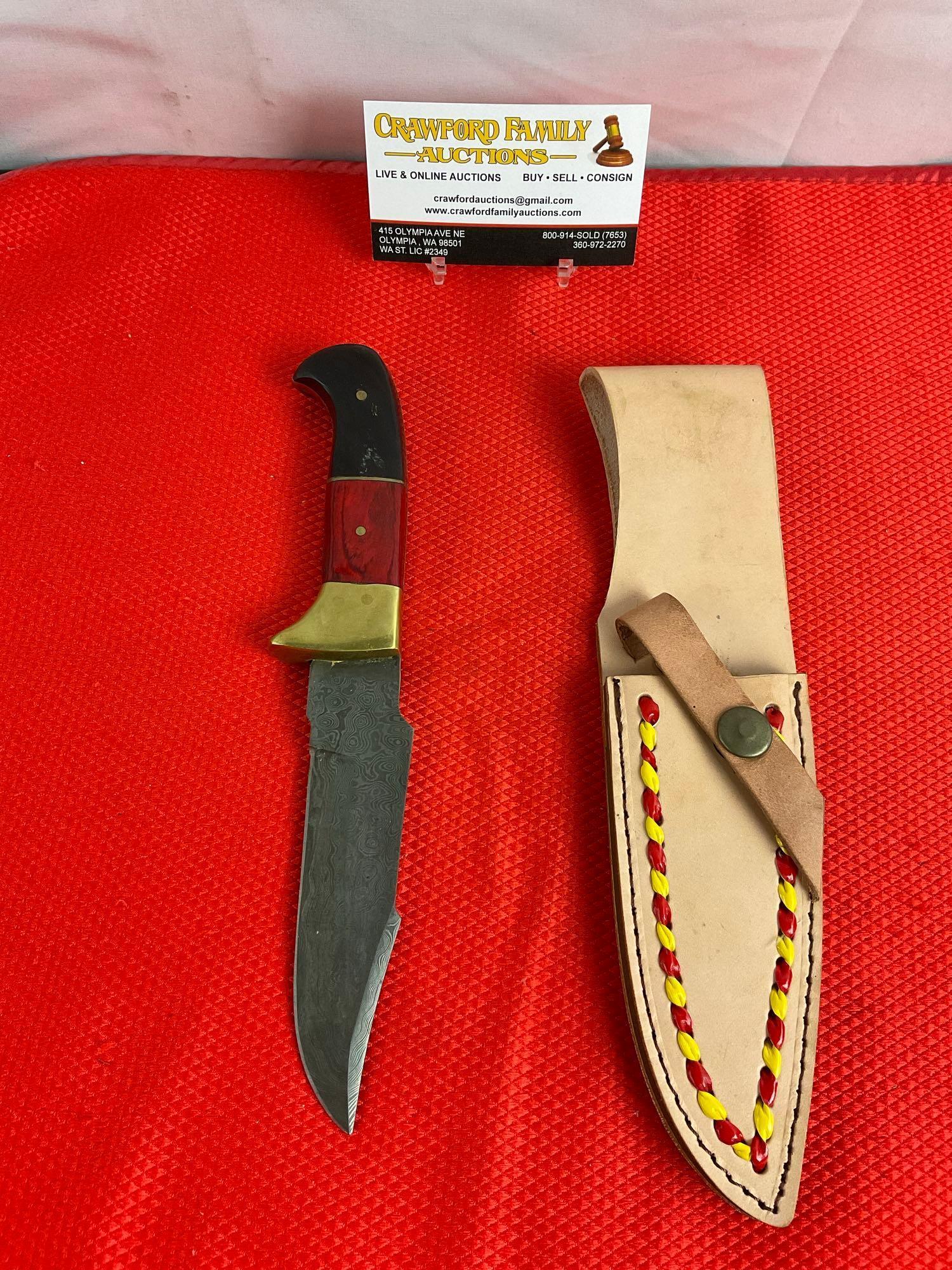 5" Steel Fixed Blade Hunting Knife w/ Etched Blade, & Leather Sheath. No Hallmark. NIB. See pics.