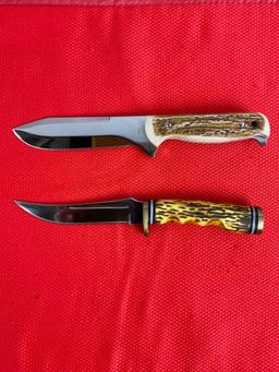 2 pcs 5.5" Steel Fixed Blade Hunting Knives. The Woodsman 210944. Upsweep Hunter 210914. NIB. See