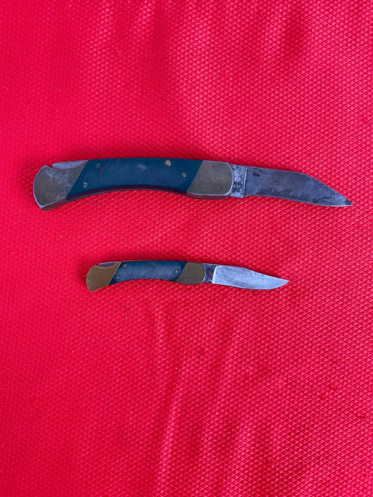 2 pcs Vintage Coyote Steel Folding Knives. 2.5" & 3.5" Blades w/ Brass & Composite Handles. See