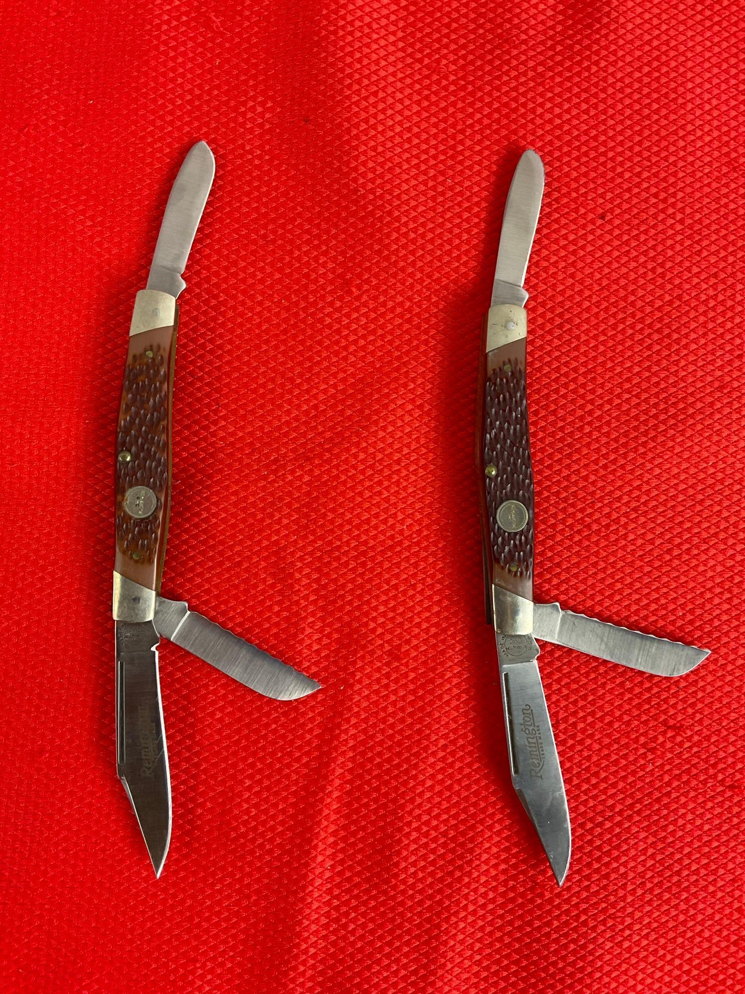 Pair of Vintage Remington Steel Folding Stockman Pocket Knives Model No. R-8 w/ Faux Antler Handle.