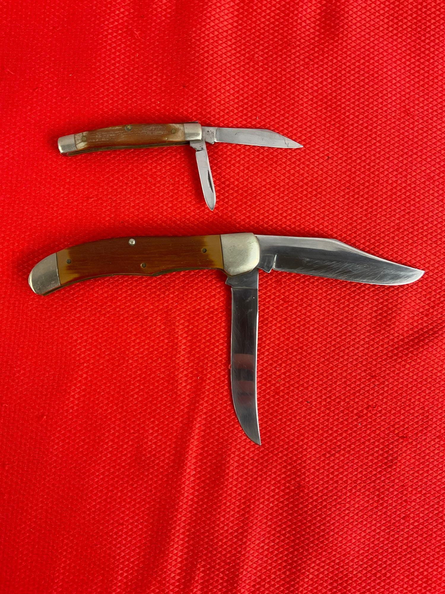 2 pcs Vintage Old Hickory Steel 2 Blade Folding Pocket Knives Models Ontario 601 & Ontario 611. See