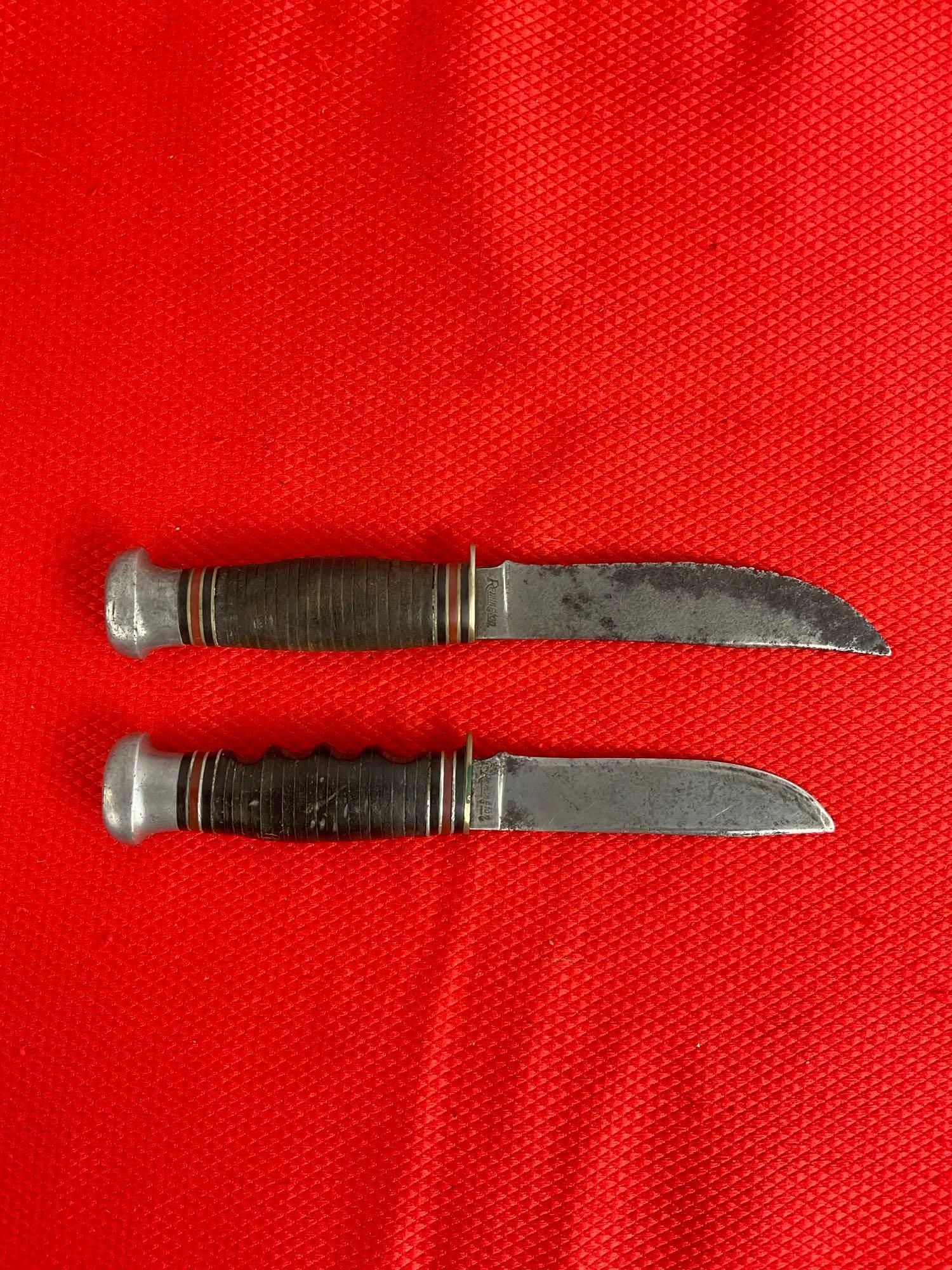 2 pcs Vintage Remington Steel Fixed Blade Boy Scout Knives Models R61 & R71. 1 Leather Sheath. See